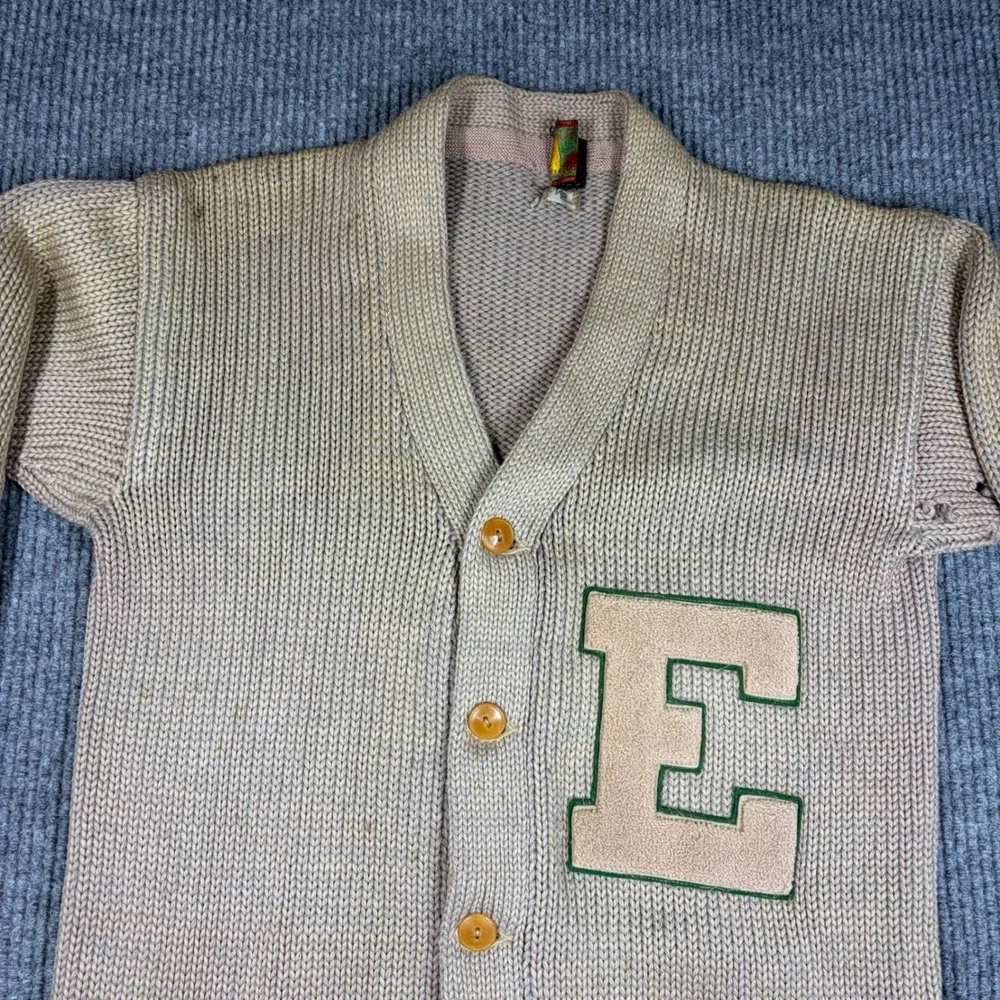 Vintage Lamb Knit Wool Letterman 50s Cardigan Sweater Tan‎ Men Size 38 Patch E